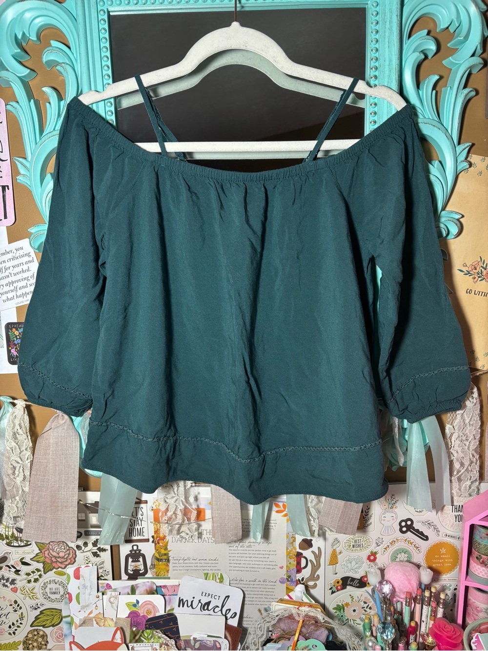 Old Navy Off The Shoulder Dark Teal Flowy Blouse Shirt Womens Size XS Goblincore